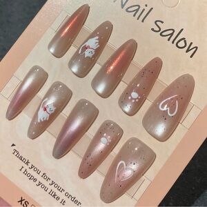 [M] 🐱🐈🐾🤍💅 10Pcs Wearable Reusable Press on Nails Long Oval White Cat Heart Paws